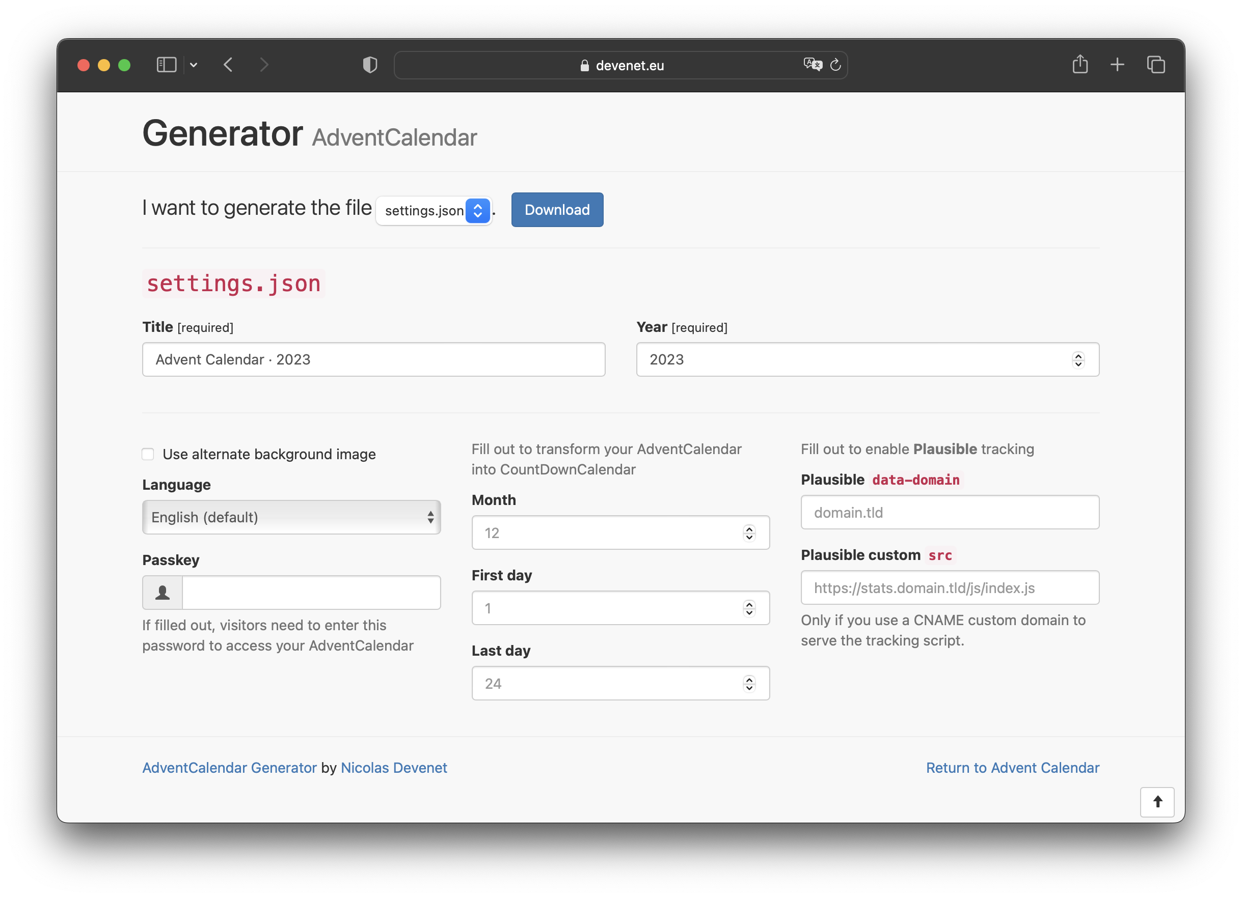 Screenshot of Advent Calendar Generator: easily make a settings file for Advent Calendar.